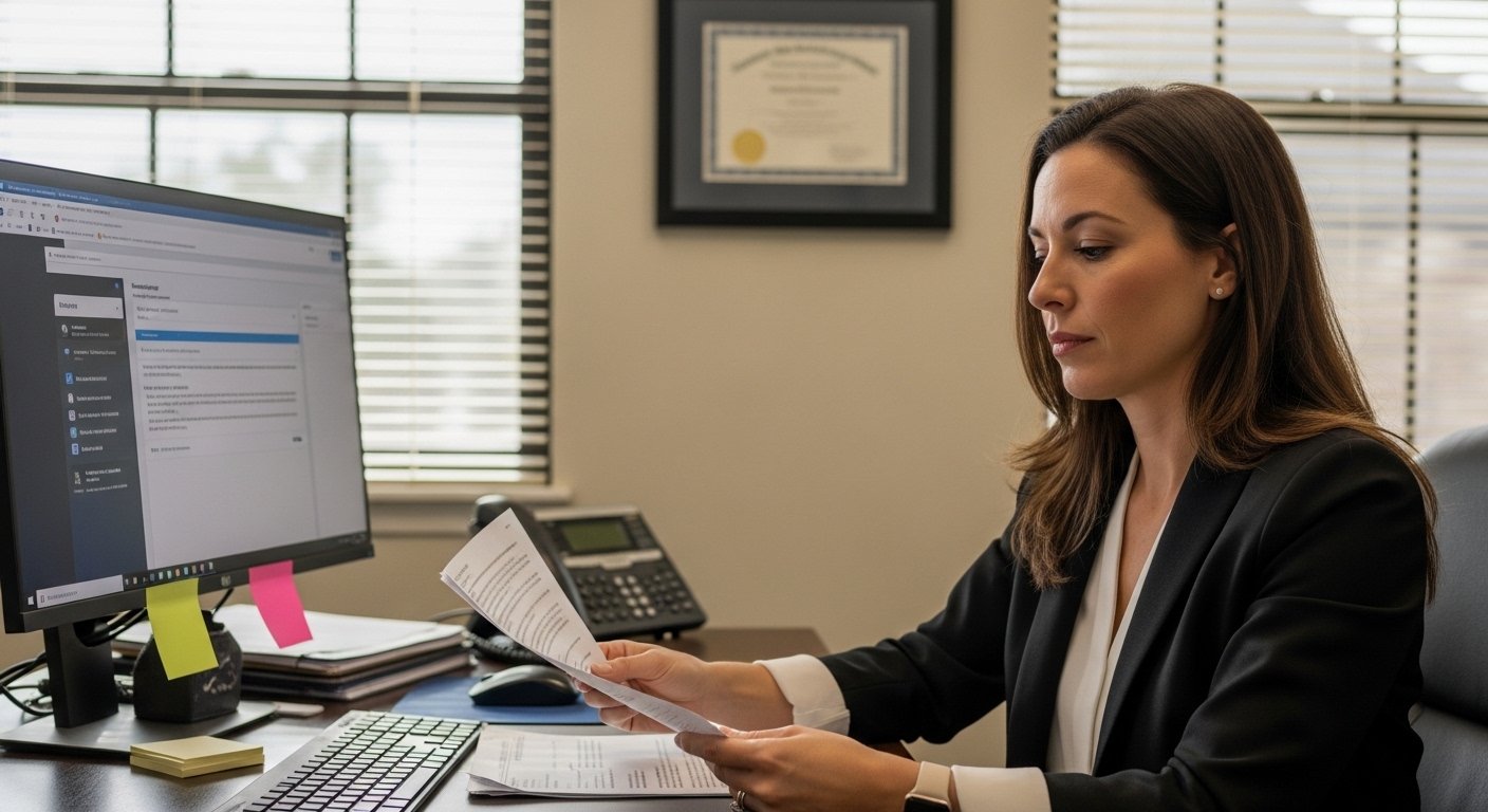 Frustrated podiatry office manager reviewing a stack of denied insurance claims and billing errors at her clinic desk