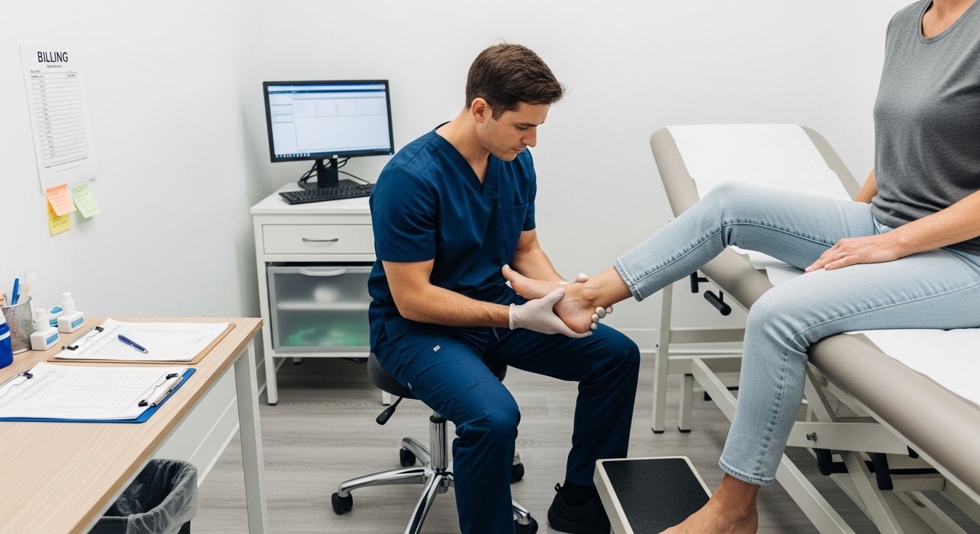 Podiatrist examining a patient's foot with billing notes visible in the background