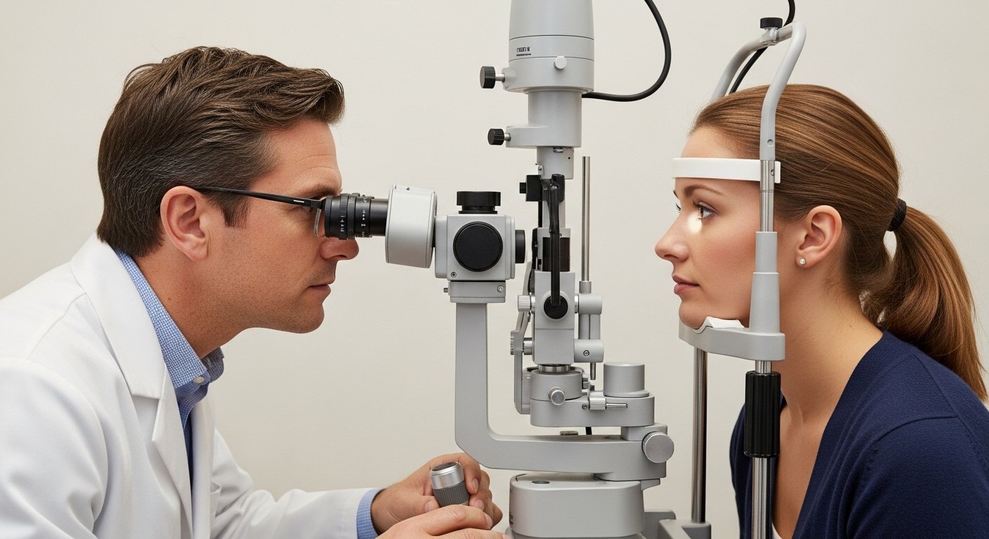 Ophthalmologist examining a patient using a slit lamp in a professional eye clinic