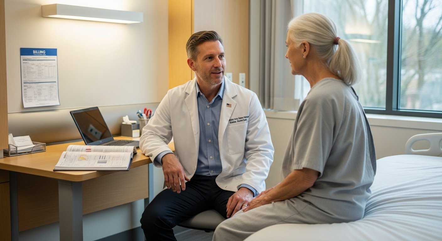 Hepatologist reviewing patient chart and billing documents in a clinical setting