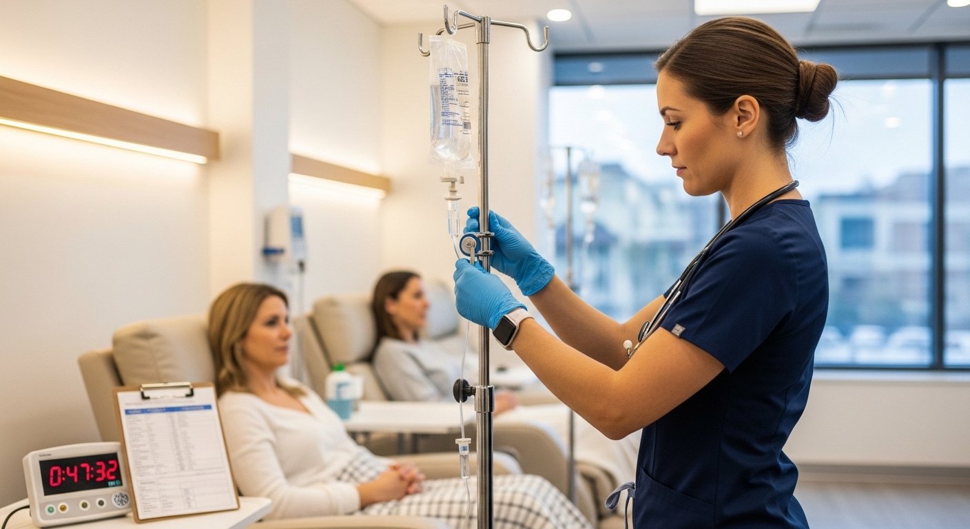 Nurse monitoring IV infusion therapy at a modern US infusion center