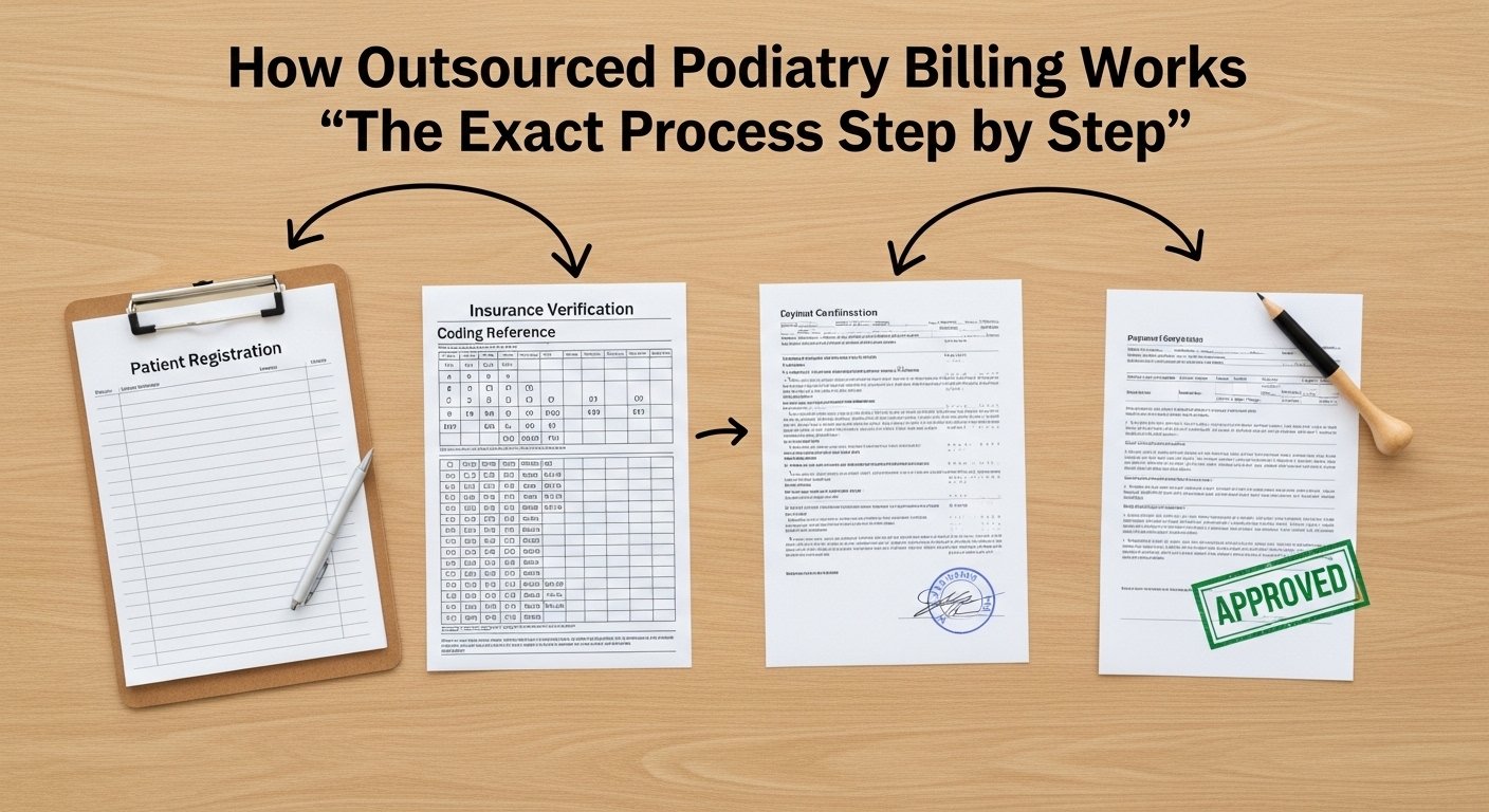 Step by step outsourced podiatry billing workflow from patient registration and insurance verification to payment posting and denial management 