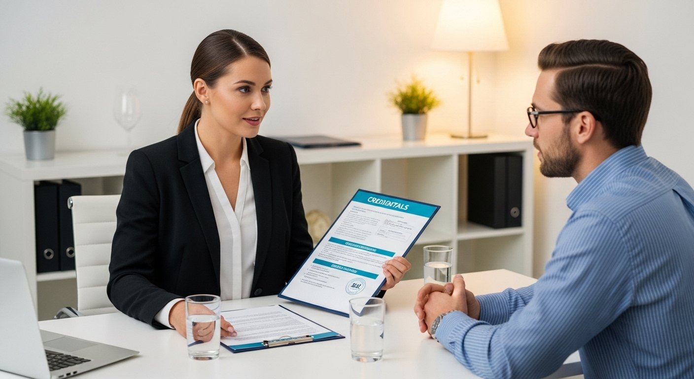 Podiatry clinic director reviewing billing company credentials and HIPAA compliance certifications during a professional consultation