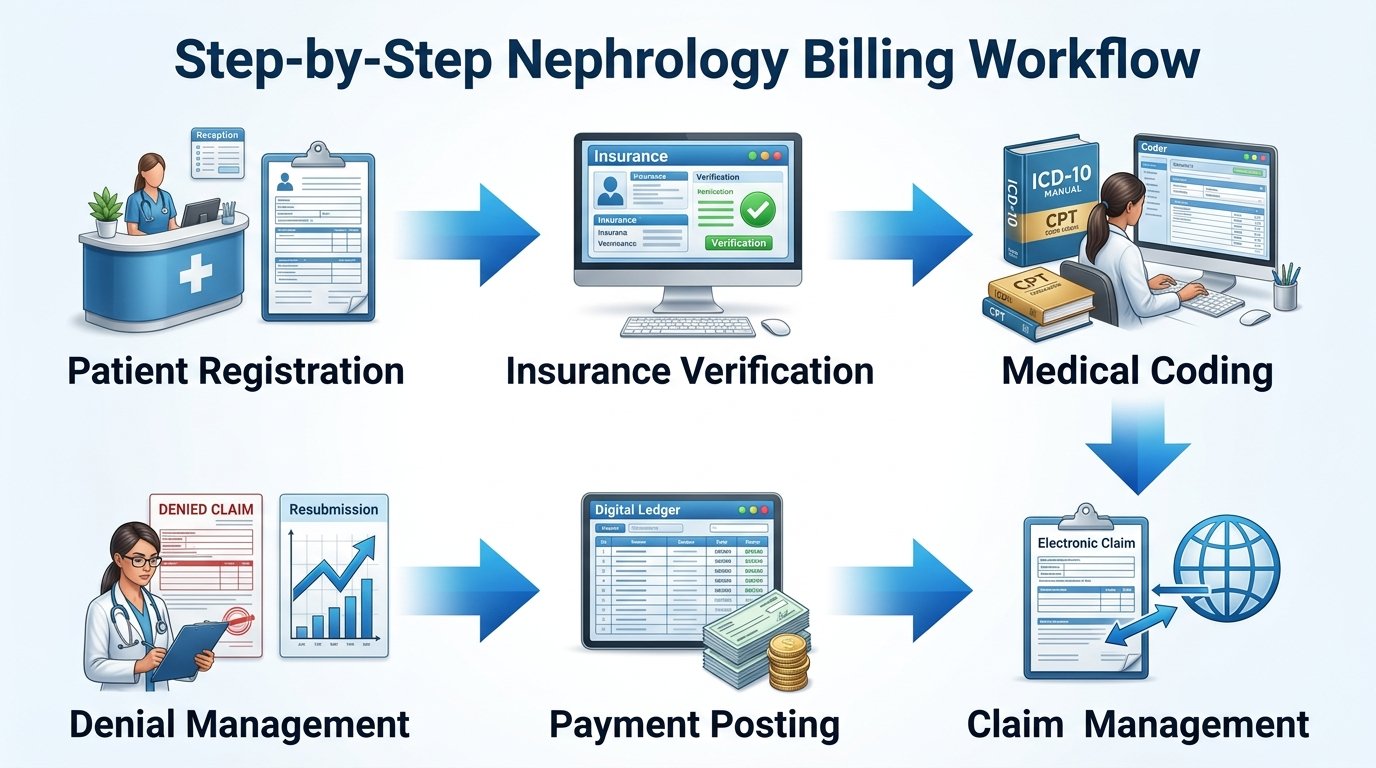 Medical billing specialist managing nephrology billing software and insurance claims