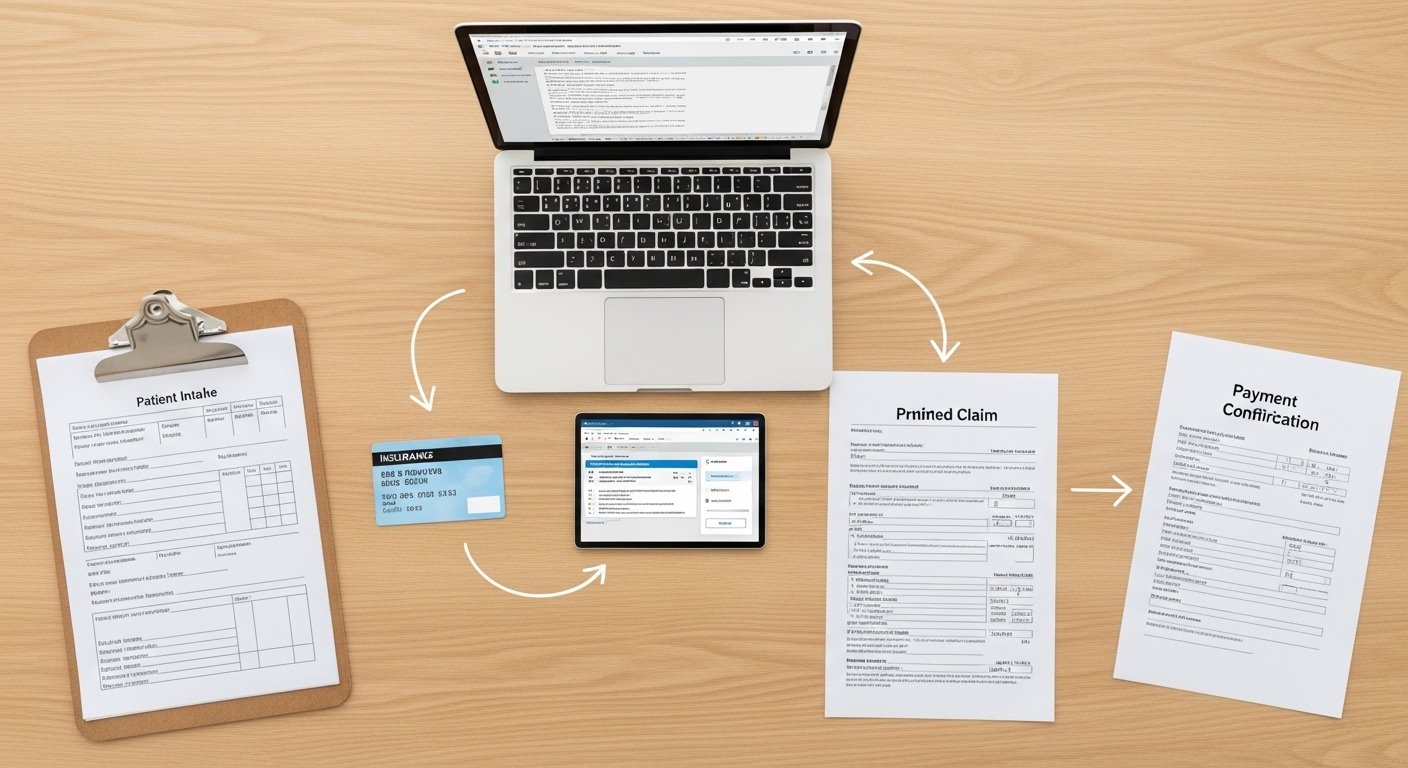 Visual overview of the step-by-step podiatry billing process from patient registration through insurance claim submission to payment posting