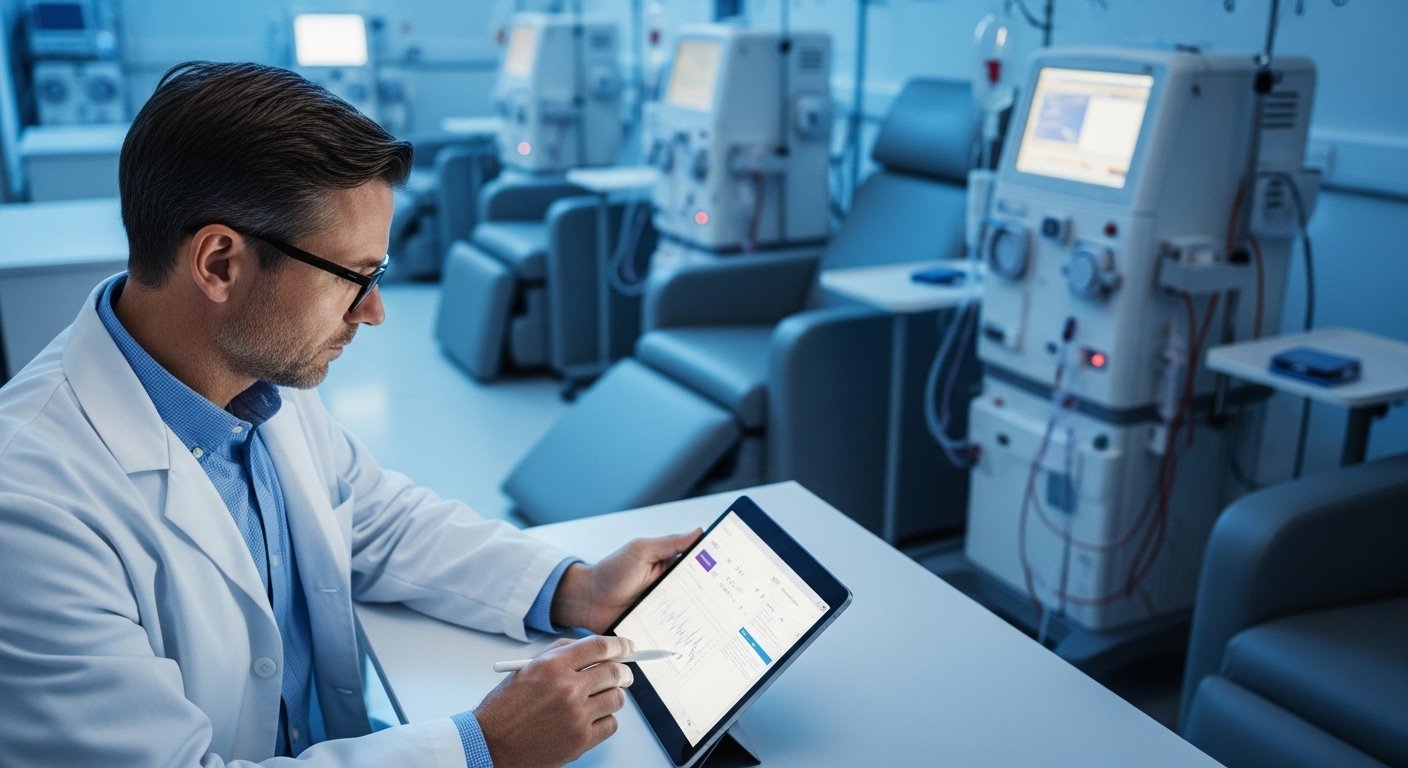 Nephrologist reviewing dialysis billing records on a tablet in a dialysis center