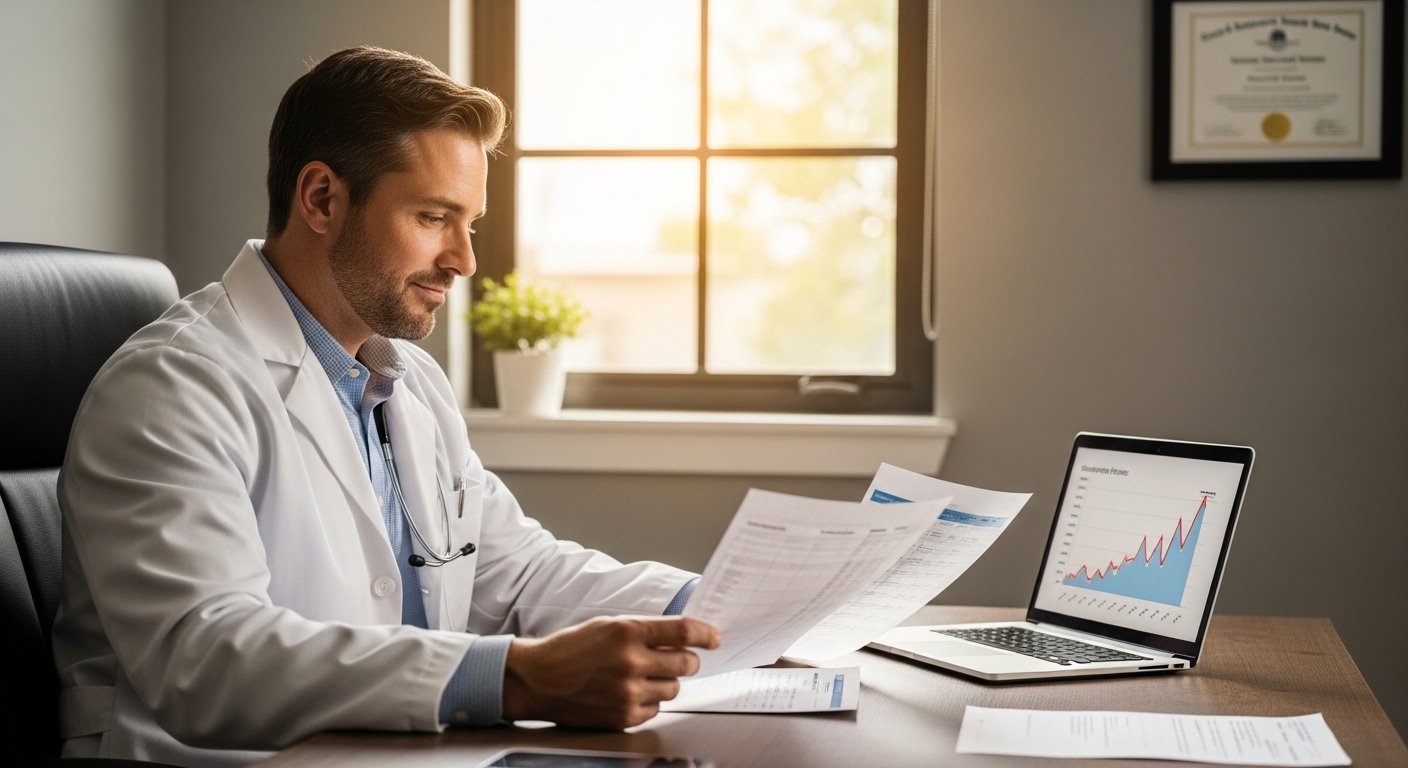 Podiatry practice owner reviewing improved revenue numbers and faster reimbursement results after outsourcing billing services in US