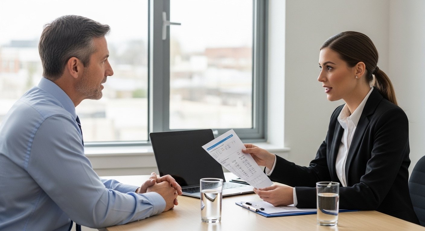 Podiatry practice director interviewing a medical billing company representative reviewing credentials and denial management track record