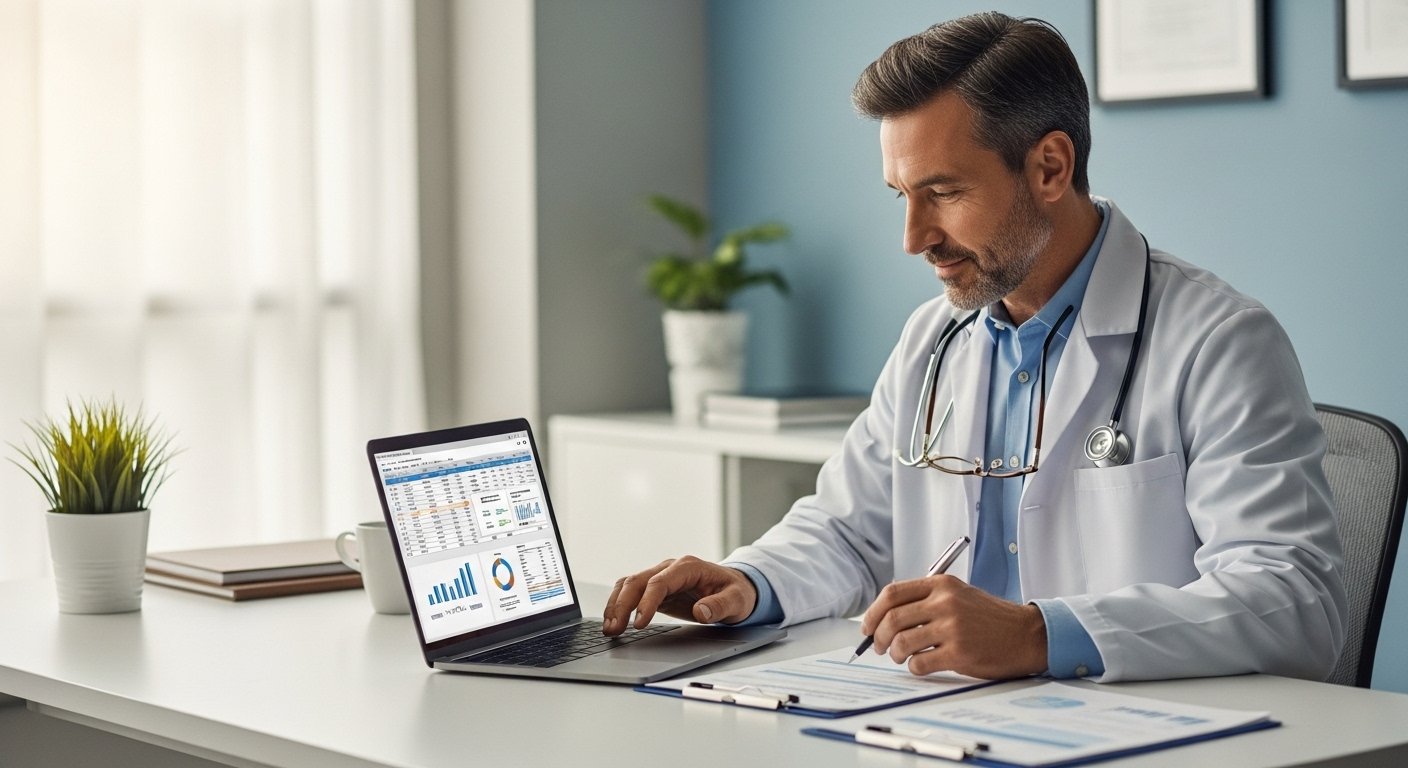 A doctor reviewing medical billing reports on a laptop in a professional clinic office