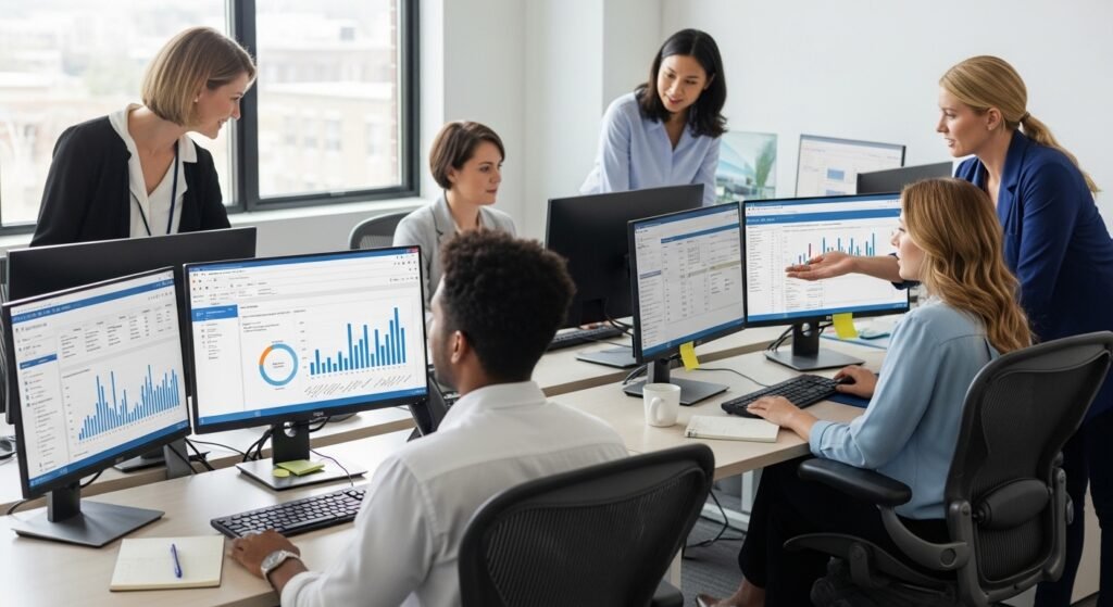 A team of medical billing specialists working together at a modern office