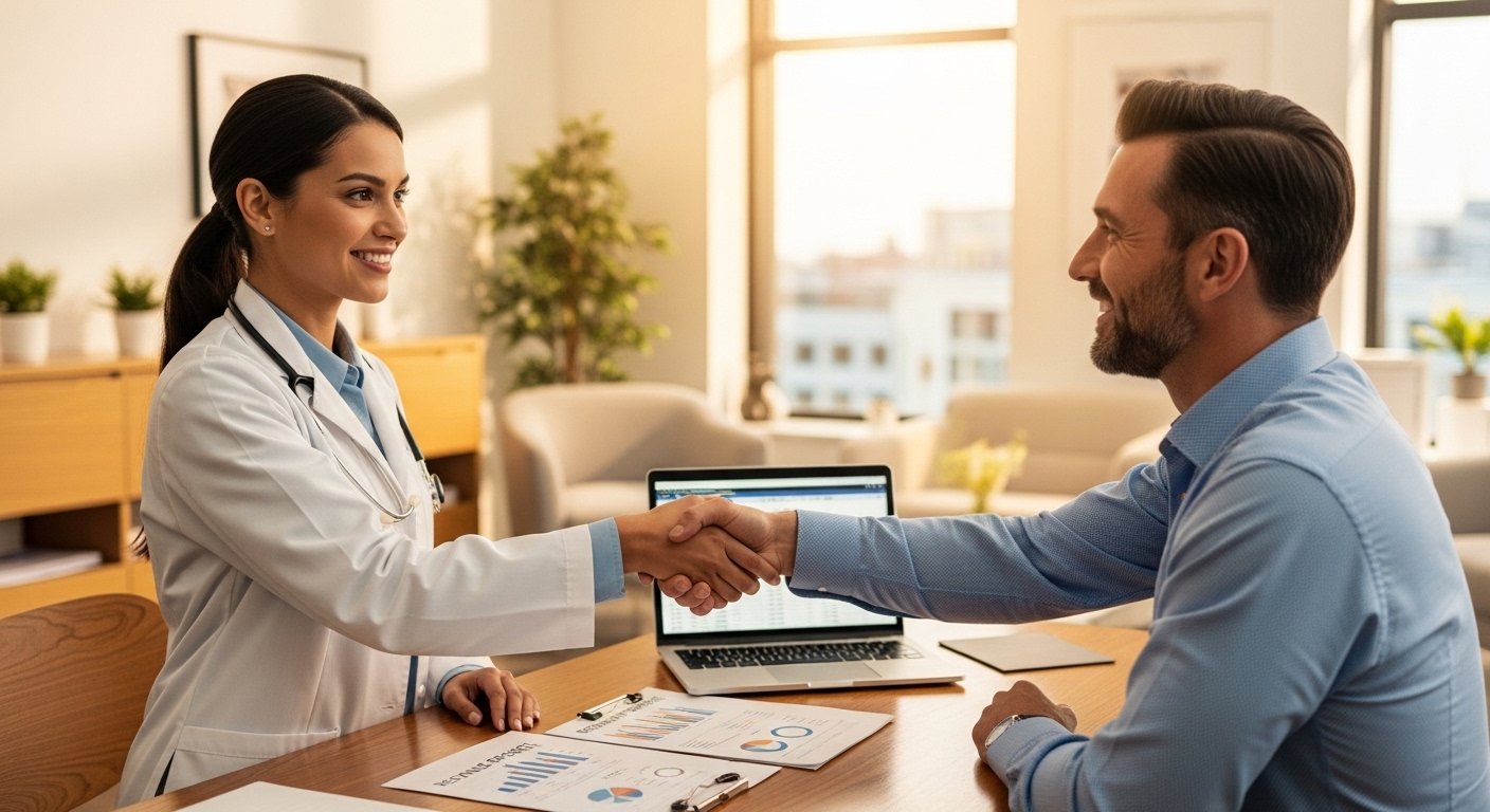Doctor shaking hands with a billing consultant in a professional clinic setting
