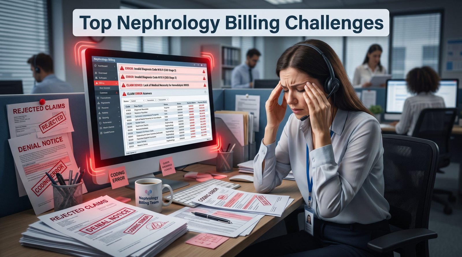 Complex nephrology billing involving CPT codes, ICD codes, and insurance compliance