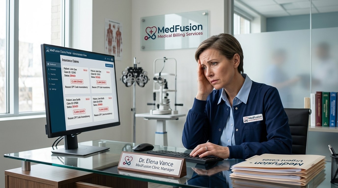 Ophthalmologist reviewing denied insurance claims on computer screen at medical billing desk