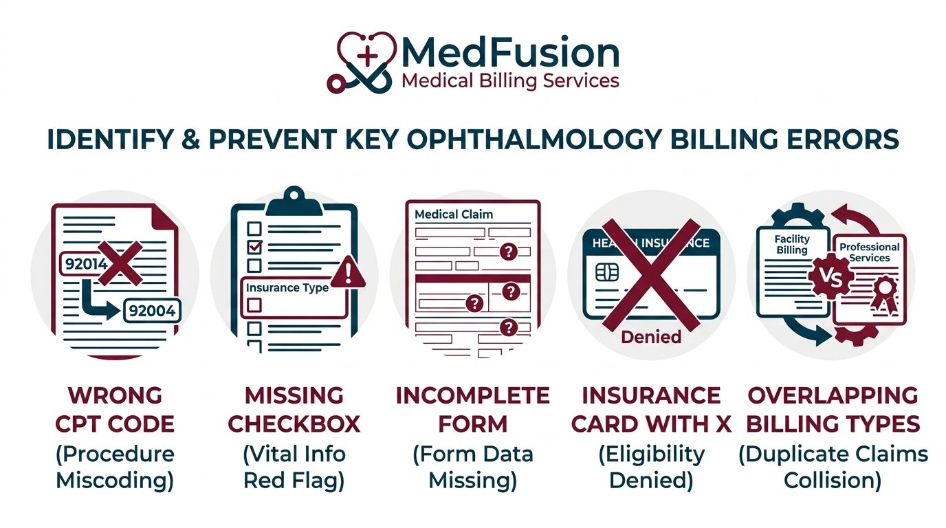 Infographic showing five common ophthalmology billing errors including missing modifiers wrong CPT codes and incomplete documentation