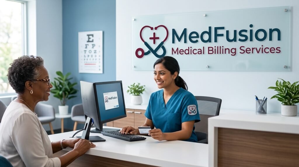 Ophthalmology clinic front desk staff verifying patient insurance eligibility before eye exam appointment.