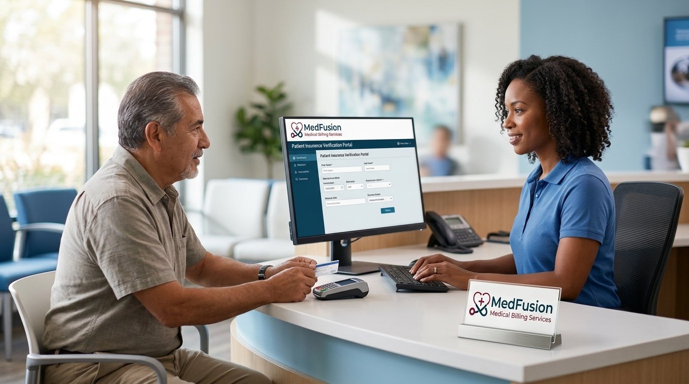 Ophthalmology clinic front desk staff verifying patient insurance eligibility before eye exam appointment. 